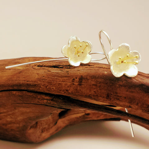 Silver Long Back Drop Hook 3D Flower Blossom Earrings