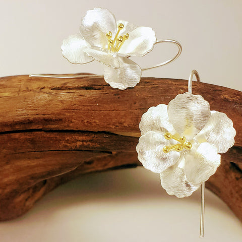 Oversized Blossom Dangle Long Hook Earrings in Silver