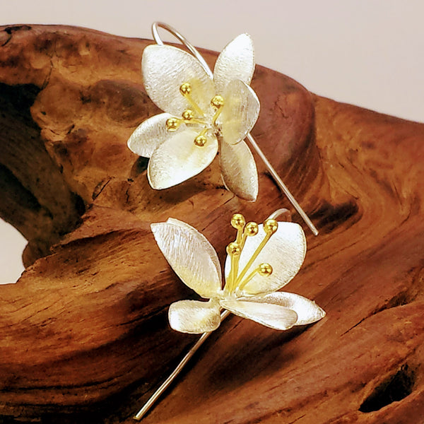 Lovely Clematis Flower Inspired Silver Drop Earrings