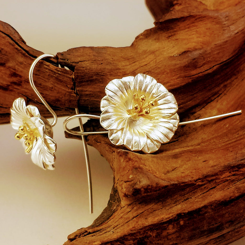 925 Silver Sand Blasted Textured Threader Flower Earrings