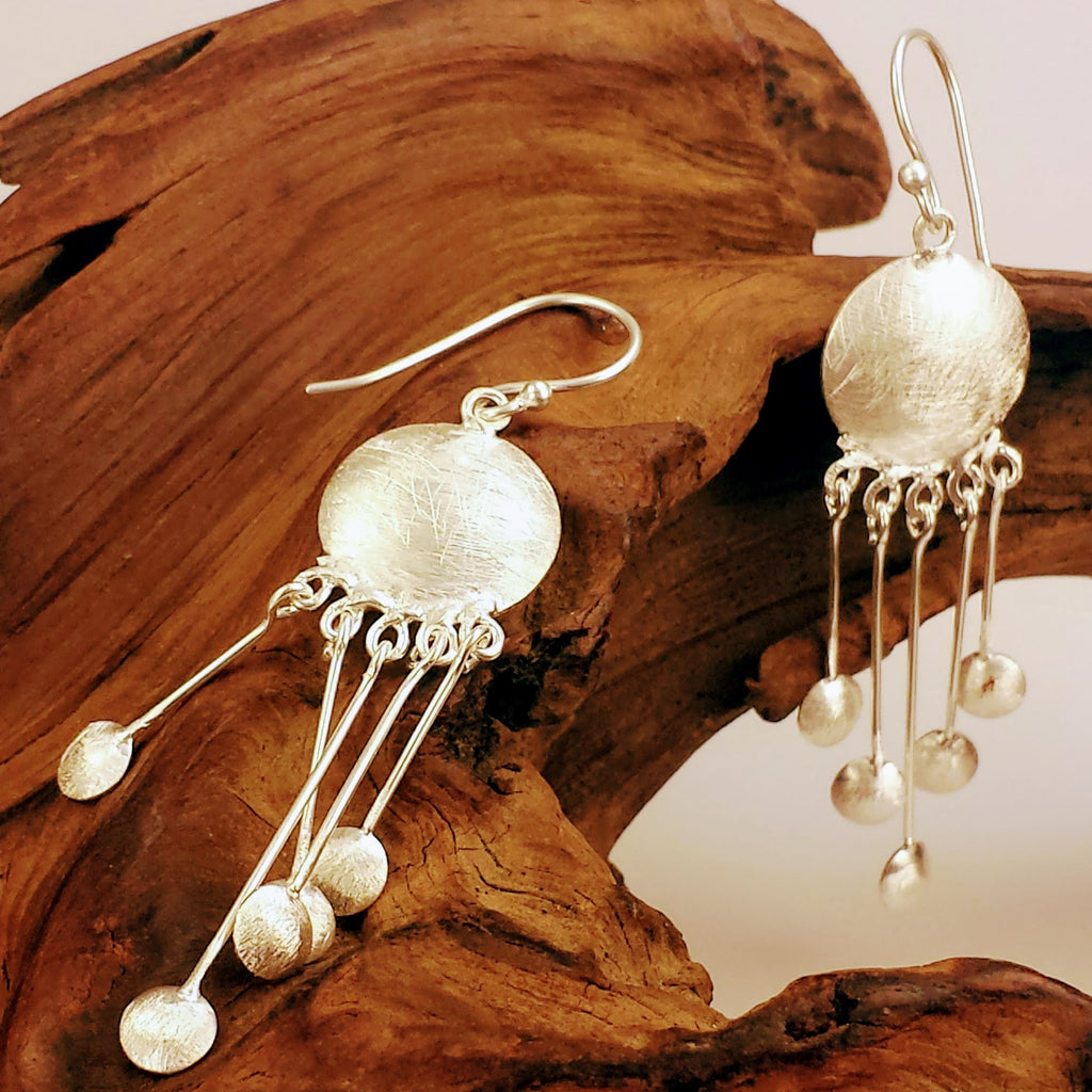 Silver Circular With Suspended Orb Charms Cool Dangle Drop Earrings